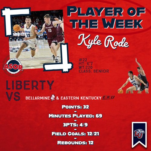 ASeaofRed's tweet photo. The Flames went 2-0 this week, getting some huge conference wins over Bellarmine and Eastern Kentucky.

Kyle Rode scored 32 points and secured 12 rebounds in Liberty’s wins and is our POTW. 

#Fanem🔥 https://t.co/Oe7DX0nIZG