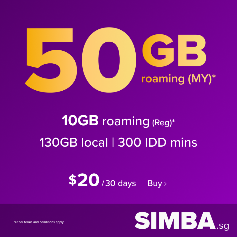 SimbaTelecomSG's tweet photo. The new SIMBA SR50 gives you 130GB SG data, 50GB Roaming (MY)* and 10GB Roaming (Reg)*