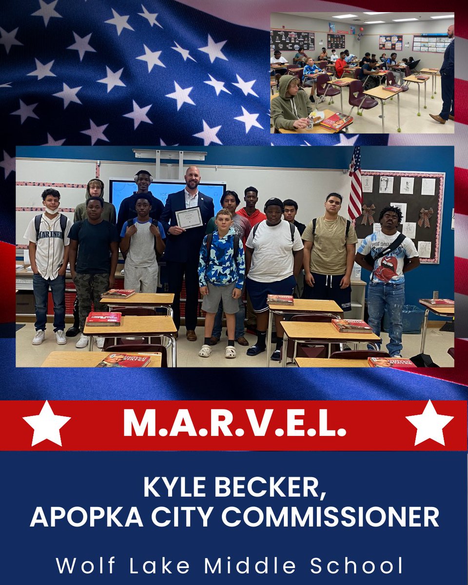 WolflakeMS_OCPS's tweet photo. Apopka City Commissioner Kyle Becker was a recent guest speaker for M.A.R.V.E.L., a group of young men who are mentored by Mr. Cooley and Mr. Washington. Mr. Becker visited with these young men and shared his role in our local Apopka government. https://t.co/pXDsxbz94A