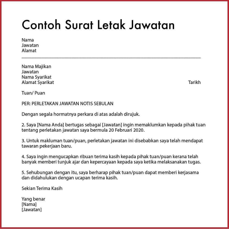 freshgradkerja's tweet photo. Resignation letter. 

24 hours notice
2 weeks notice
1 month notice
Example in bahasa.

RT &amp; Share https://t.co/I3675OFKPJ