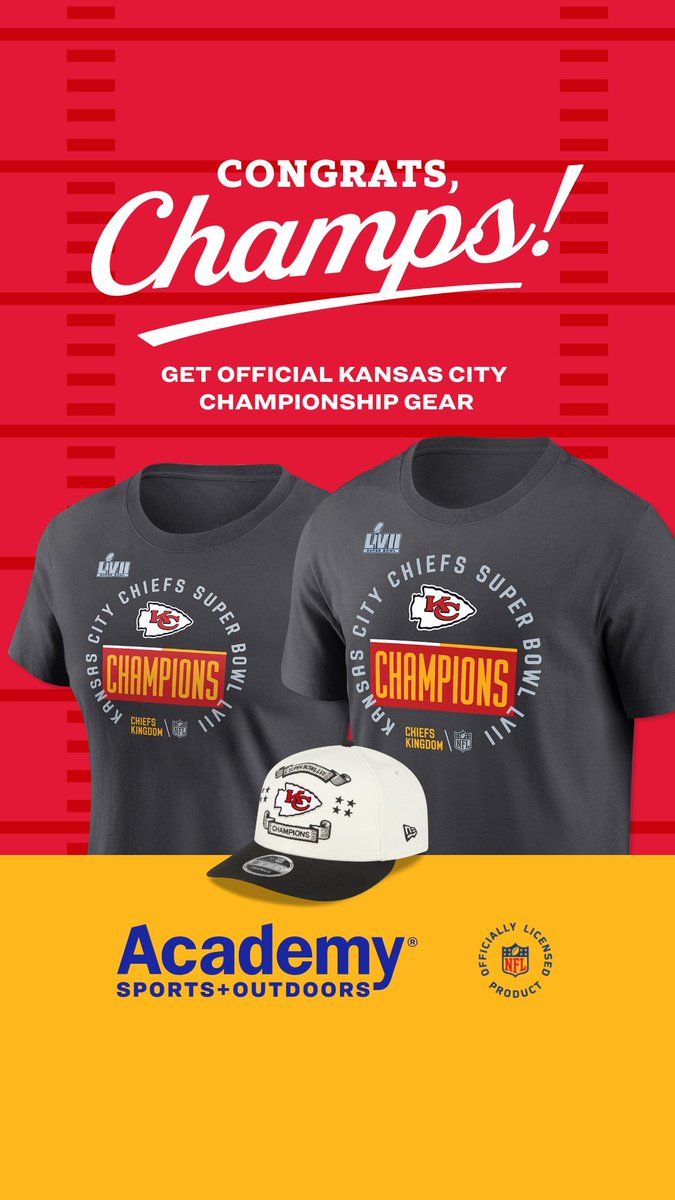 Academy's tweet photo. That’s three, KC! Stop in select Academy stores now — for official championship styles.
🏈 🏆 🎉 
To shop online, click here: https://t.co/rpLvcndiPB 
To see what stores are open now, click here: https://t.co/lSvx1bCs0x https://t.co/vCBS6i5Xpm