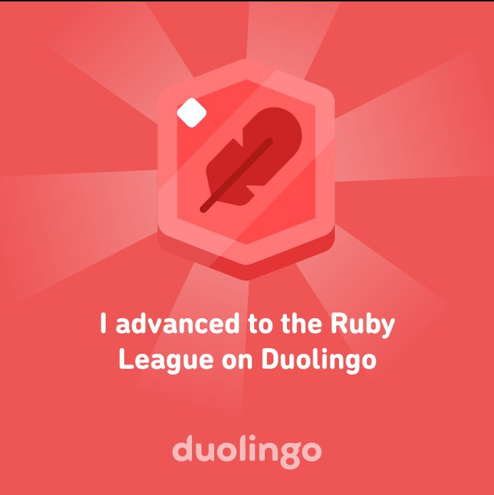 namkiaC's tweet photo. I advanced to the Ruby League on Duolingo https://t.co/aO2Es0jU88