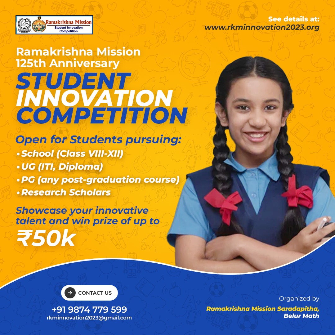 To celebrate its 125th anniversary, Ramakrishna Mission is organizing a Student Innovation Competition for students to display their creative ideas.
#rkminnovation2023
#InnovationCompetition
#studenttalenthunt
#125thAnniversary
#ramakrishnamission
#studentinovation