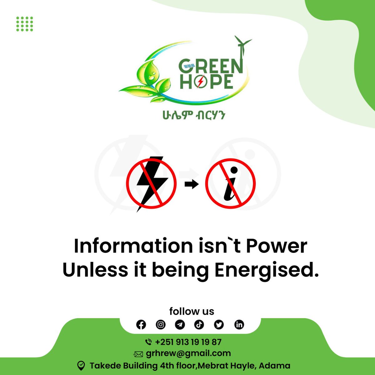 green_hope_rew's tweet photo. Information is Power!
But without Energy, there is no Information!
Information is not power if it is being energized.
Have an Energetic Week!
Powerful Monday!
Green Hope Renewable Energy Works
Contact Us!
     📞+251913191987
📧 grhrew@gmail.com
📍Mebrat Hayle,  Adama, Ethiopia https://t.co/BIcopCtD2d