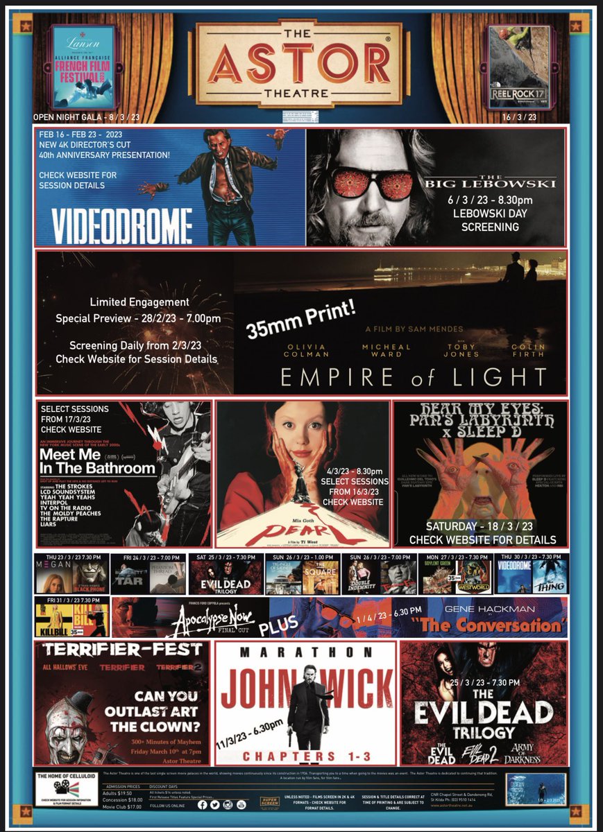 astor_theatre's tweet photo. The March Astor Theatre Calendar is here. 35mm Empire of Light, 4K Videodrome Director’s Cut, PEARL, a creepy clown, killer doll, the armies of the dead and…not one, but two vengeful assassins. Full PDF via website. https://t.co/j7PGtdT2ky