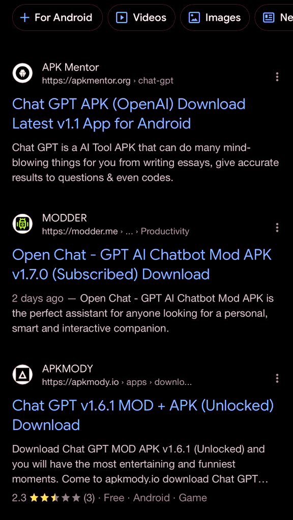 Google first page Chat GPT Google Play Store fake apps.

Google search item apps 3 & 4 removed from...