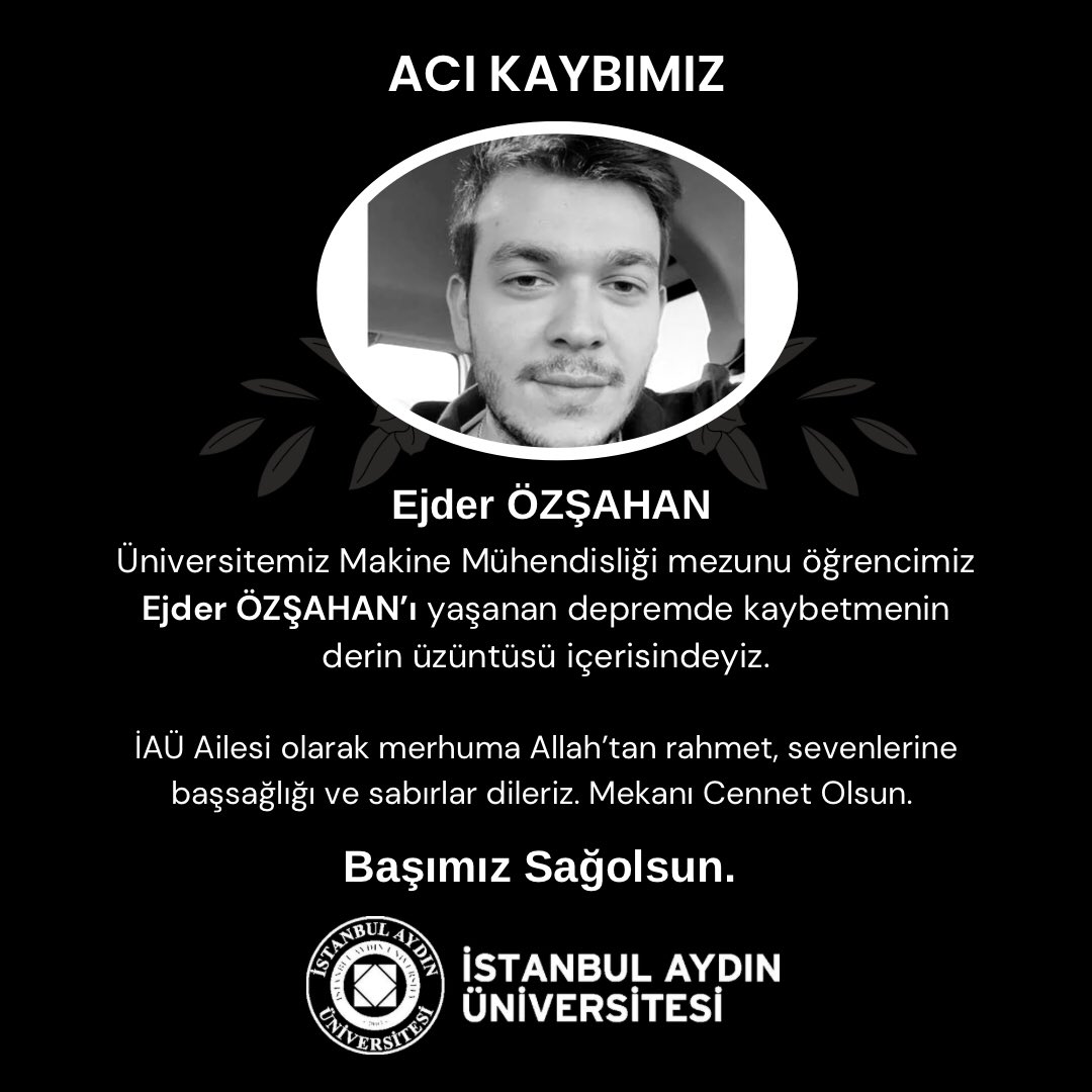 Sevgili Ejder ÖZŞAHAN’ı kaybetmenin derin üzüntüsü içerisindeyiz. 

İAÜ Ailesi olarak Allah’tan rahmet, sevenlerine başsağlığı ve sabırlar dileriz. Mekanı Cennet Olsun.