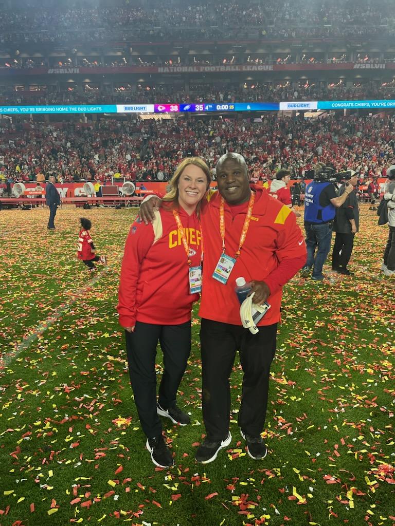 Proud of our CU alums -- Morgan (Tholen) &amp; hubby Ryan Dannewitz; Cydney Ricker Glaze and EB!   Morgan and Cyd are SID alums, Ryan a former OL, and everyone knows Mr. Bieniemy!
