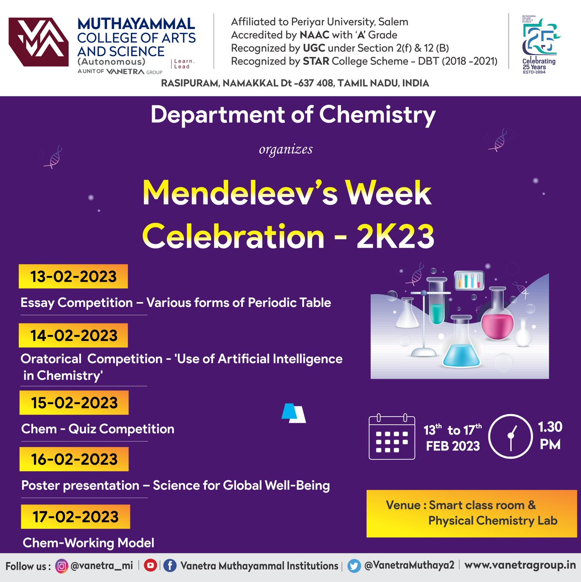 VanetraMuthaya2's tweet image. Department of Chemistry organises a Mendeleev&apos;s Week Celebration from 13.02.2023 to 17.02.2023.

  #Mendeleev  #chemistry #week #célébration #celebrate #Department #chemist #mendelee