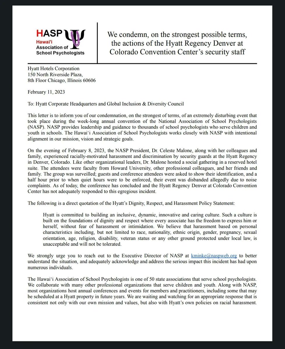 808SchoolPsychs's tweet photo. HASP stands in solidarity with Dr. Celeste Malone, NASP, and the BIPOC community, and demands that Hyatt address the racially motivated incident and meet the reparative demands enumerated by the National Association of School Psychologists.

#hyattsowhite #sp4sj #BlackExcellence https://t.co/Luo5HZVtgz