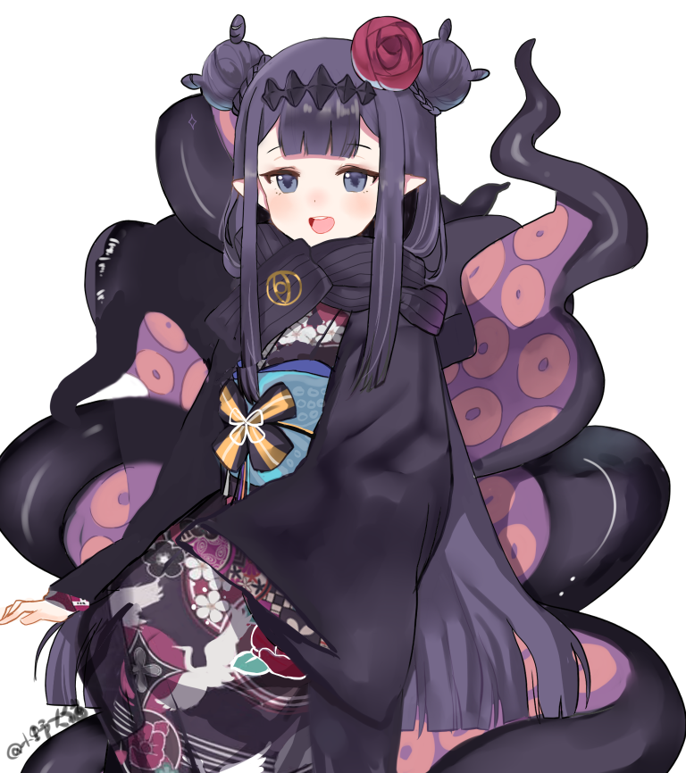 ninomae ina'nis 1girl long hair sidelocks japanese clothes hair bun kimono pointy ears  illustration images