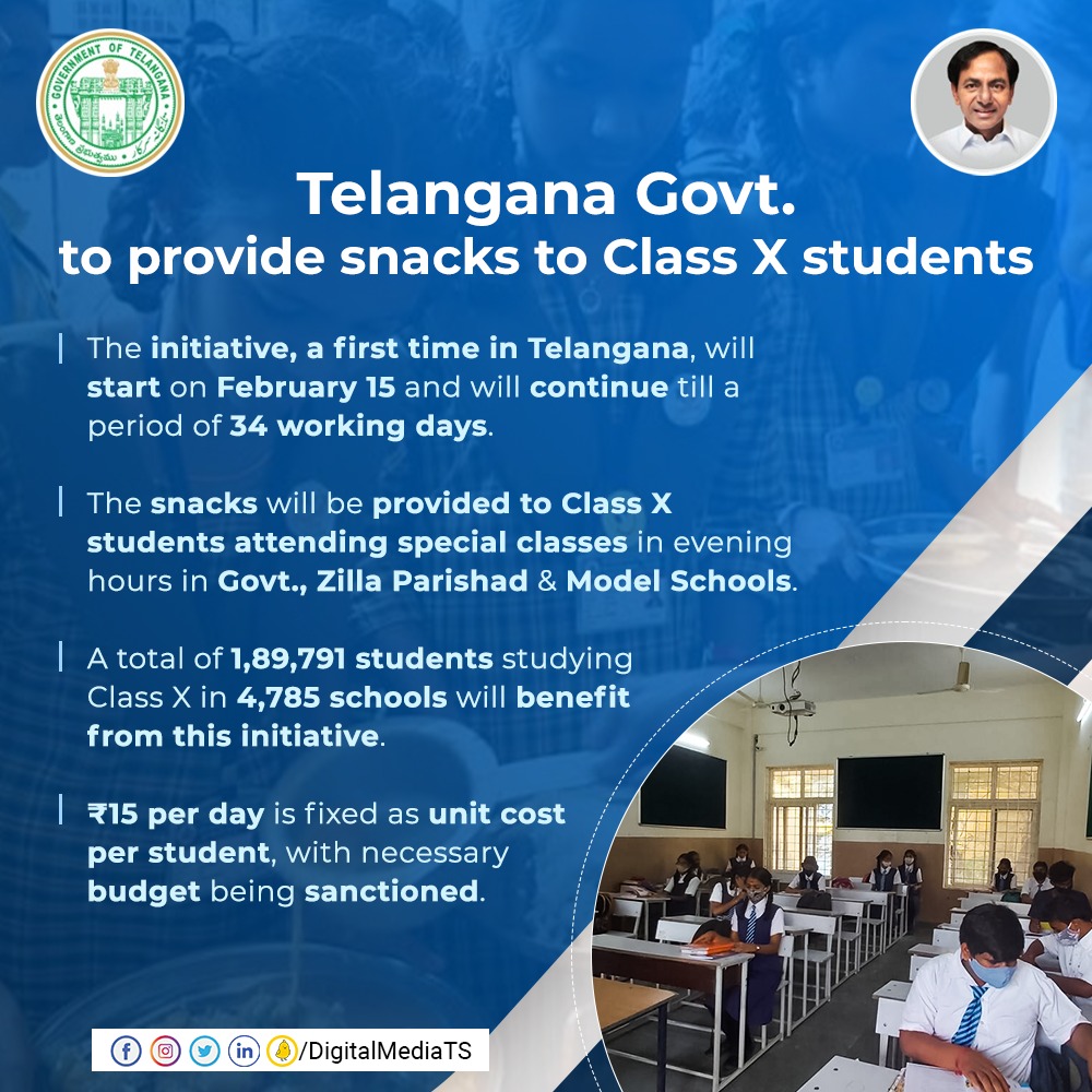 As a first, #Telangana Govt. will provide hot & healthy snacks to Class X students attending special classes in all State Govt., #ZillaParishad & Model schools.

The initiative will benefit over 1.89 lakh students preparing for SSC Public Exams, which are scheduled in April.