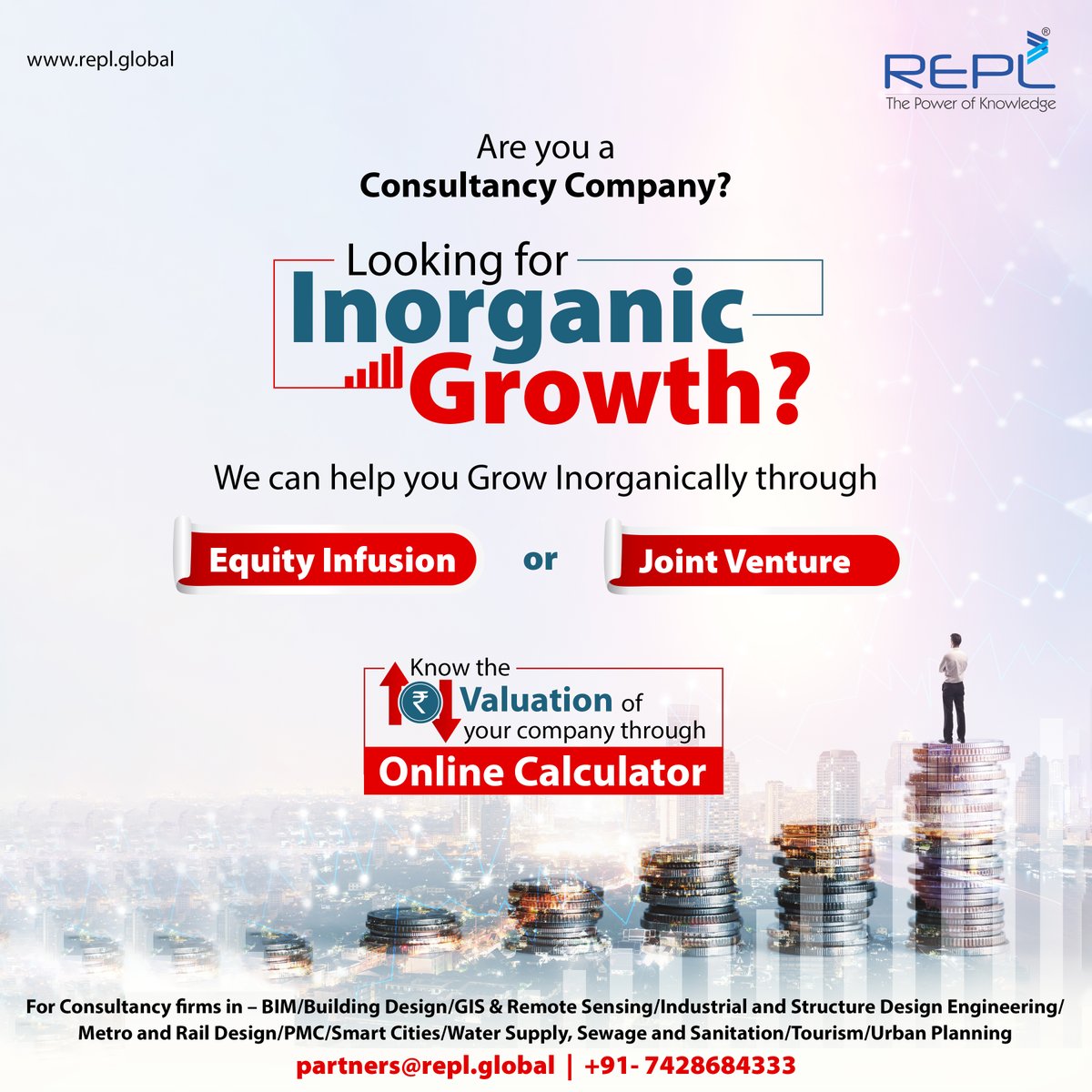 REPL_India's tweet photo. If you are in infra consultancy business &amp; looking for inorganic growth; #REPL can help you through #EquityInfusion or #JointVenture opportunities. Know valuation of your company through our #onlinecalculator https://t.co/ZaM2rrzND7. Enquire on partners@repl.global , 7428684333. https://t.co/hIESynzcpy