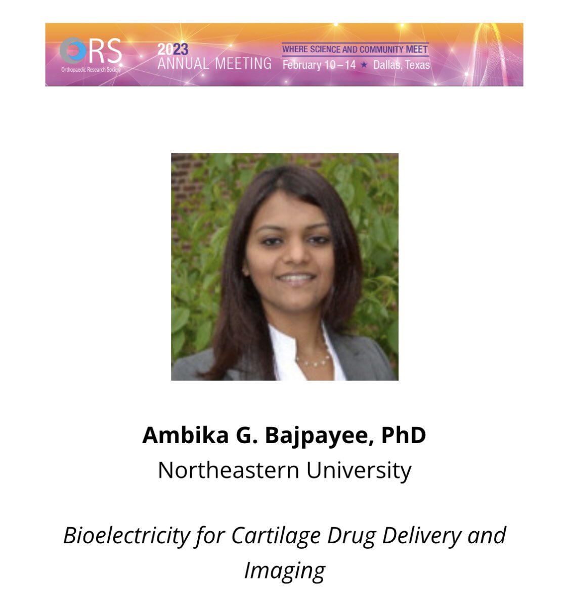 Bajpayee Lab (@bajpayeelab) on Twitter photo Don’t miss our wonderful PI giving a talk in the 3:15-4:15PM (Chantilly West) drug delivery session tomorrow <a href="/ORSsociety/">Orthopaedic Research Society</a> #ORS2023 in Dallas <a href="/NUBioE1/">Northeastern University Bioengineering</a> Don’t miss our wonderful PI giving a talk in the 3:15-4:15PM (Chantilly West) drug delivery session tomorrow <a href="/ORSsociety/">Orthopaedic Research Society</a> #ORS2023 in Dallas <a href="/NUBioE1/">Northeastern University Bioengineering</a>
