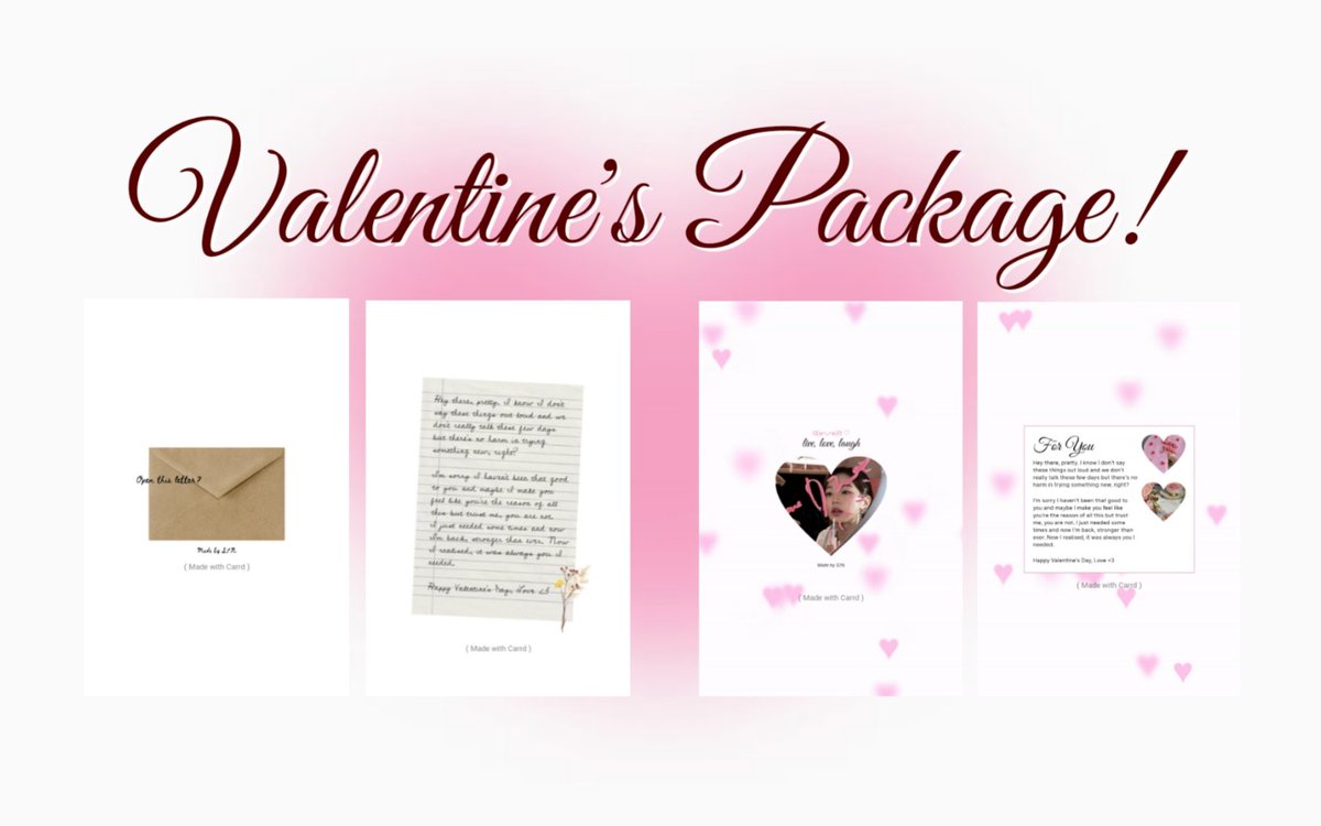 h-1 valentine, masih bingung mau kasih kado apa? don't worry, seven's valentine's package is here to help you🦸🏻‍♂️💌

dengan harga 8k aja udah bisa dapet carrd simpel gemes ini &amp; udah include fee [in-rush], selesai b4 tanggal 14!

untuk 3 slot aja, grab yours now ♡⸜(˃ ᵕ ˂ )⸝