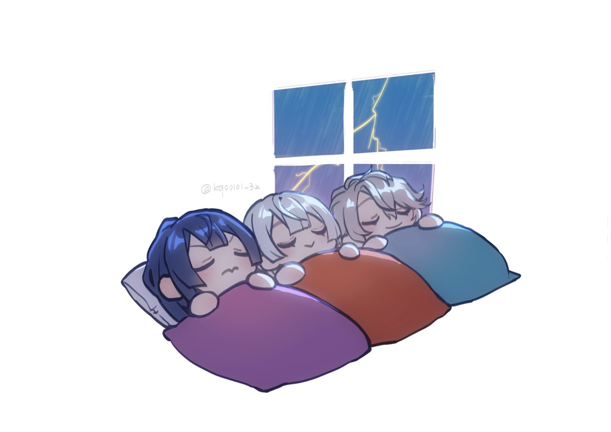 xingqiu (genshin impact) sleeping closed eyes lightning pillow blue hair rain multiple boys  illustration images