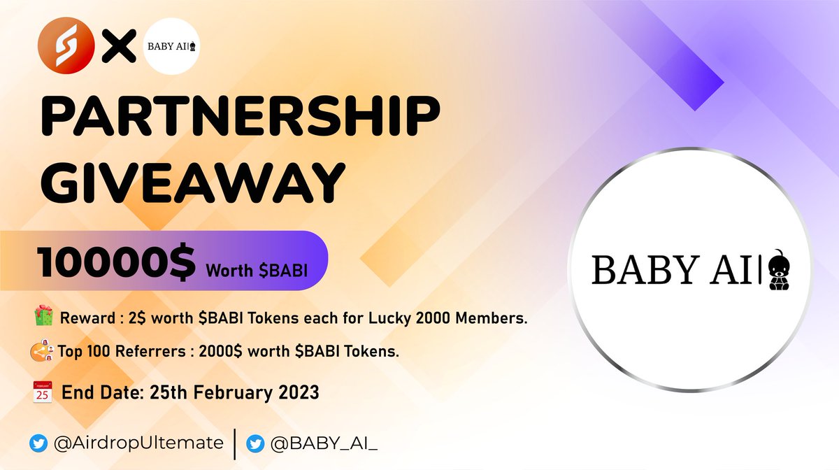 New Giveaway: @BABY_AI_ X <a href="/AirdropUltemate/">Airdrop Ultimate</a>
Reward: 10000$ worth $BABI
Distribution: In April

🔗Giveaway Link: t.me/BabyAIGiveaway…

-Complete all tasks of the giveaway
-Submit your BSC wallet address
-For 2000 Random Lucky peoples
-Done

#Airdrop #AI  #ArtificialIntelligence