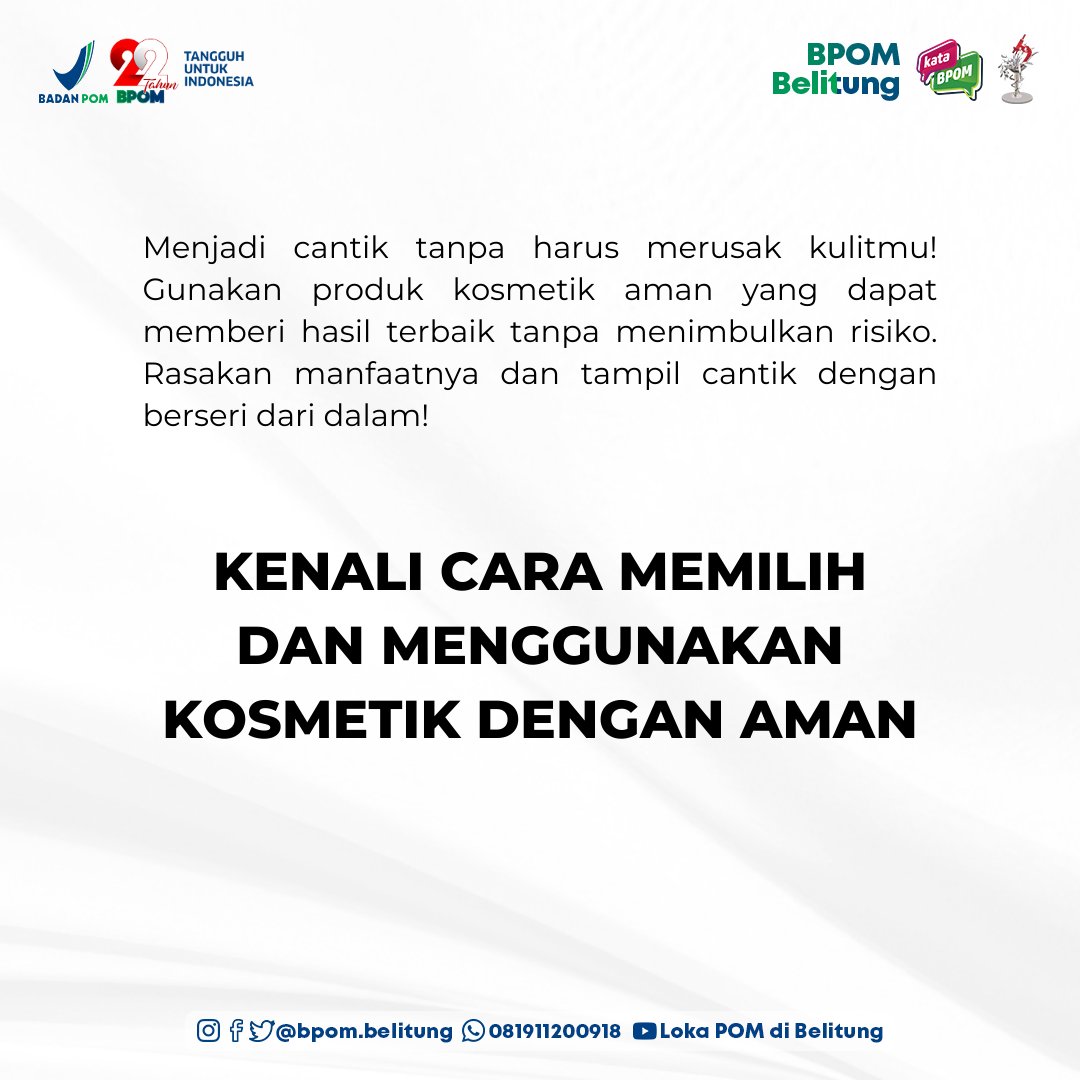 Haaiii #SahabatBPOM , jangan sembarang asal pilih kosmetik yaa. Yuk kenali cara memilih dan menggunakan kosmetik dengan aman

#KosmetikAman
#BPOMRI
#LokaPOMBelitung