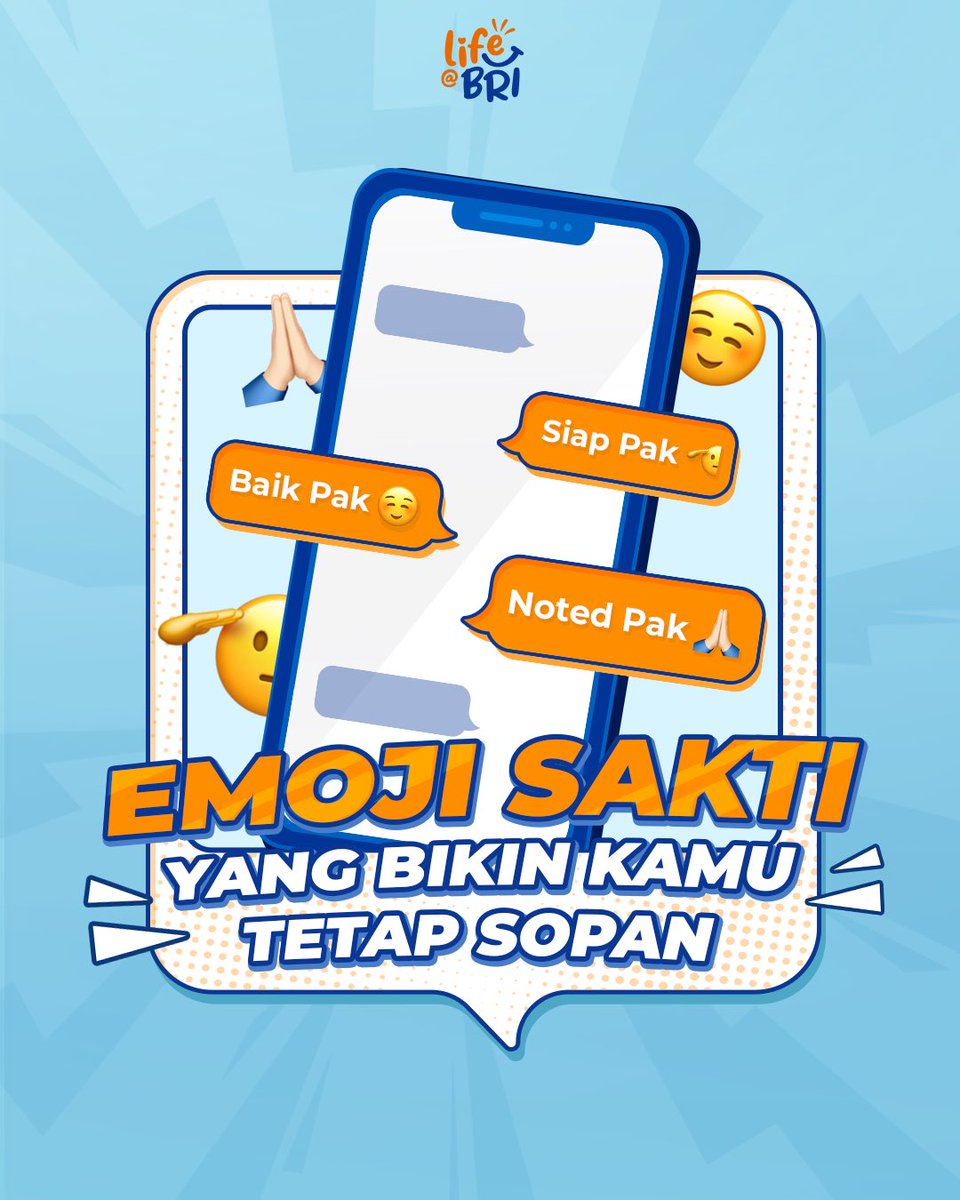 LifeatBRI's tweet photo. Biar kamu tetap sopan di chat, jangan lupa jurus emoji di atas ya! Yuk, share emoji yang sering kamu gunakan.
#LifeatBRI
#MemberiMaknaIndonesia https://t.co/ItdQvIIiyF