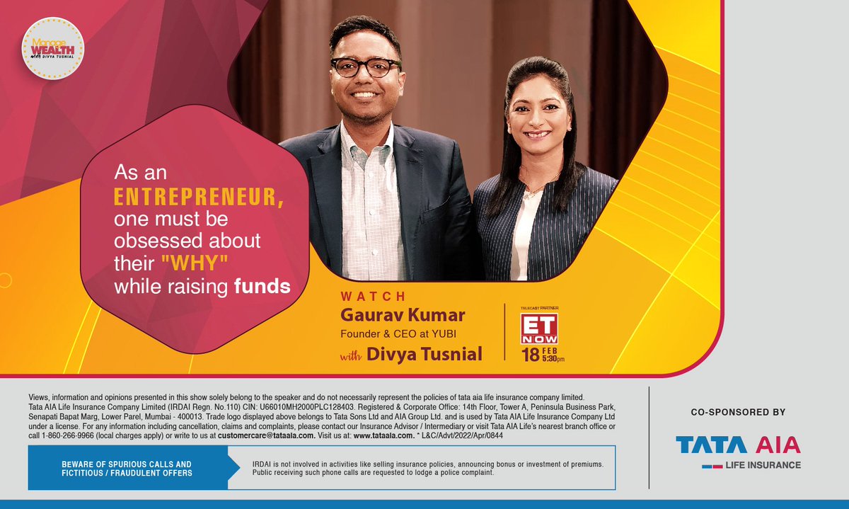 DivyaTusnial's tweet photo. Watch the next episode of "Manage Wealth with Divya Tusnial", an insightful financial talk show, with  Gaurav Kumar, CEO &amp; founder at Yubi, on 18th February 2023 at 5.30 pm on @etnow
Radio Partner: Fever FM
#finance #business #money #investing #financialfreedom #investment #yubi https://t.co/mLgwzJcqAL