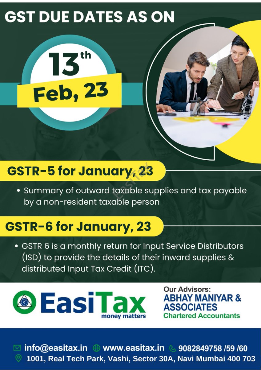 GST Due Dates(GSTR-5 ,GSTR-6 ) for January 2023
#GSTR5
#GSTR6
#gstr_filling_process
#13thfeb2023
#goodsandservicetax
#gstrfilling
#taxconsultant
#taxfillingservices
#taxconsultation
#taxplanning
#taxrefund
#EasiTax