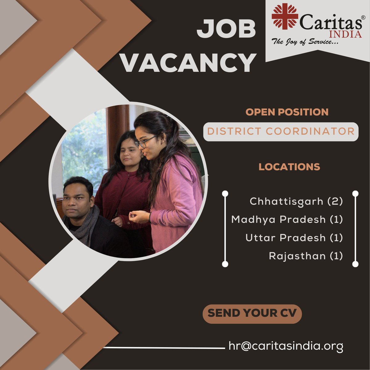 𝗪𝗘 𝗔𝗥𝗘 𝗛𝗜𝗥𝗜𝗡𝗚

Caritas India is looking for District Coordinator for the following Locations:

•Chhattisgarh (2)
•Madhya Pradesh (1)
•Uttar Pradesh (1)
•Rajasthan (1)

Send your CV to: hr@caritasindia.org
For More Info visit: caritasindia.org/jobs
#Vacancy