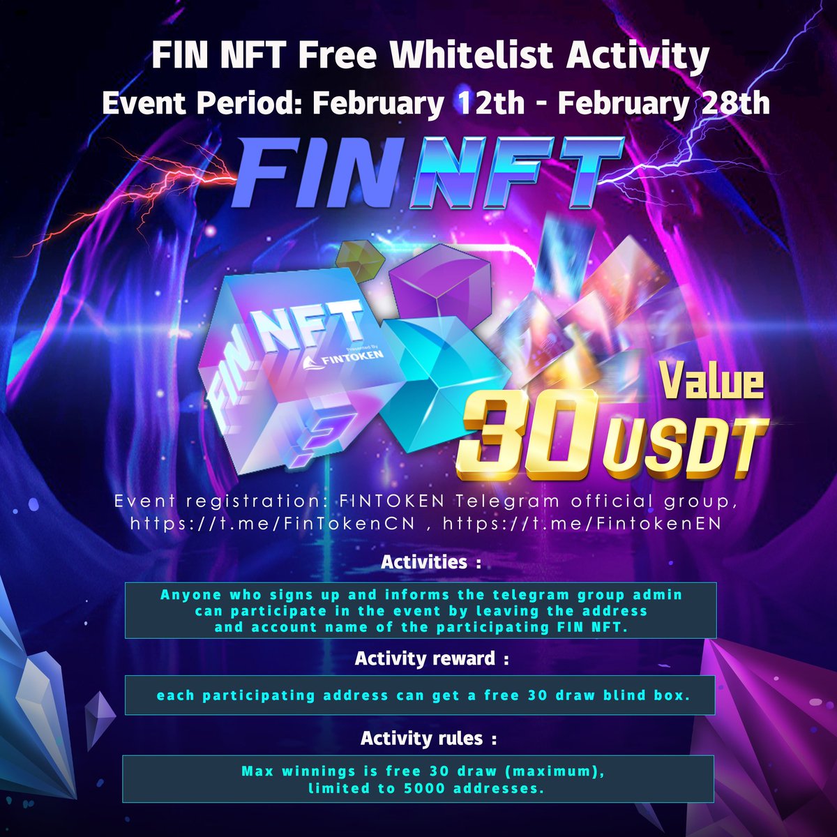 FinTokenOffic's tweet photo. FIN NFT Free Whitelist Activity 

Event Period: 
February 12th - February 28th 

Event registration: Join the FIN TOKEN Telegram official group and inform the group admin to participate in the event 

#FINNFT https://t.co/Jl9249v4Oo