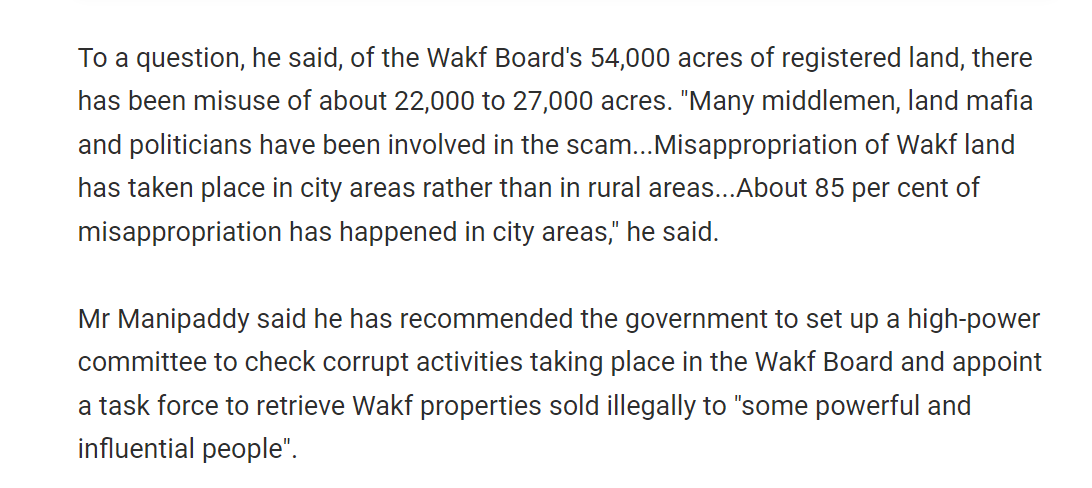 In 2012, a case of corruption amounting to 2 lakh crores in Karnataka WAQF board was unearthed. The WAQF beneficiaries and middlemen were violating their own rule of 'once a WAQF...always a WAQF' and selling those lands. ndtv.com/india-news/kar…