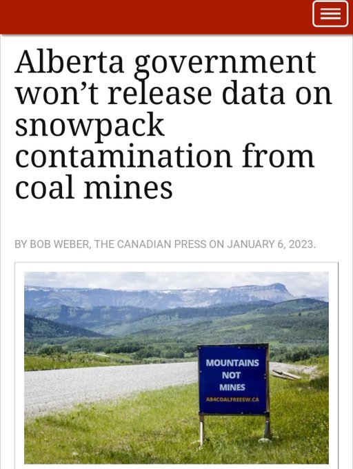 .
@ABDanielleSmith
 is the snowpack that melts into the headwaters that become Southern ABs drinking water contaminated by coal mines? Apparently 
@Alberta_UCP
 knows, but won't release the data. What are you hiding? #ableg #abpoli #MountainsNotMines #yql
lethbridgeherald.com/news/national-…