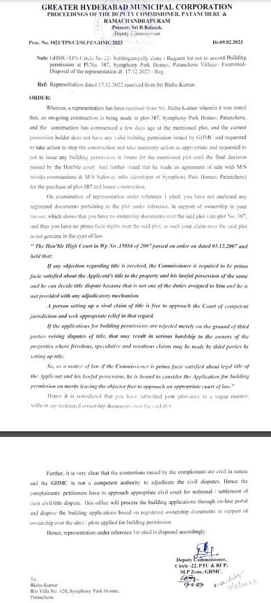 united_symphony's tweet photo. @Acp13G @GHMCOnline @CommissionrGHMC @spsangareddy @Collector_SRD Dear Sirs, Pls see attached- we did not ask GHMC to adjudicate ownership, we asked GHMC to stop illegal construction, assess violation set backs and not issue building permission due to current litigation and issue peding with court. GHMC commissioner - Kindly intervene. https://t.co/7OV8WuWw5L