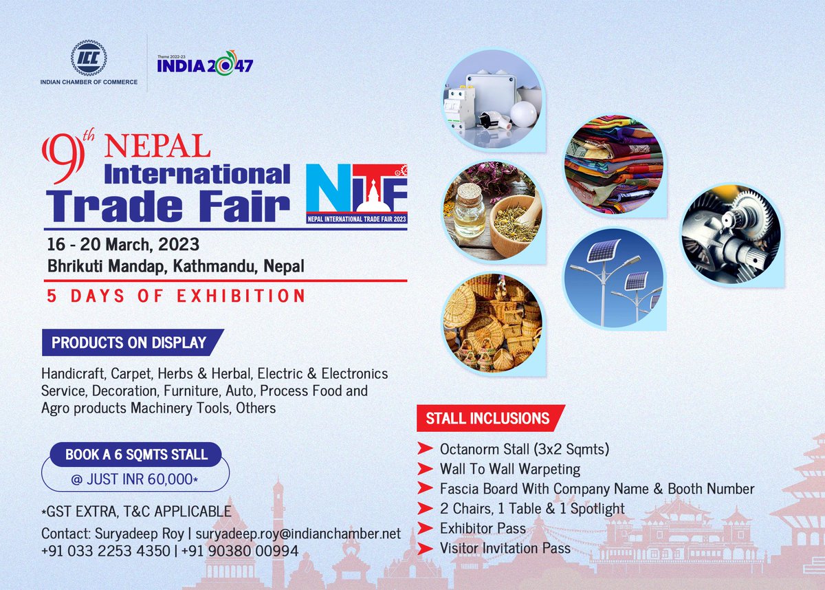 ICC_Chamber's tweet photo. Welcome to the 9th Nepal International Trade Fair.
Join us to showcase your Handicrafts, carpets, Herbal, Electronics service, Furniture, Processed food & Agro Products Machinery tools, and other items.
#IndianChamberofCommerce #tradefair #tradefairstand #TradeFairKathmanduNepal https://t.co/ZOrjadO8ZY