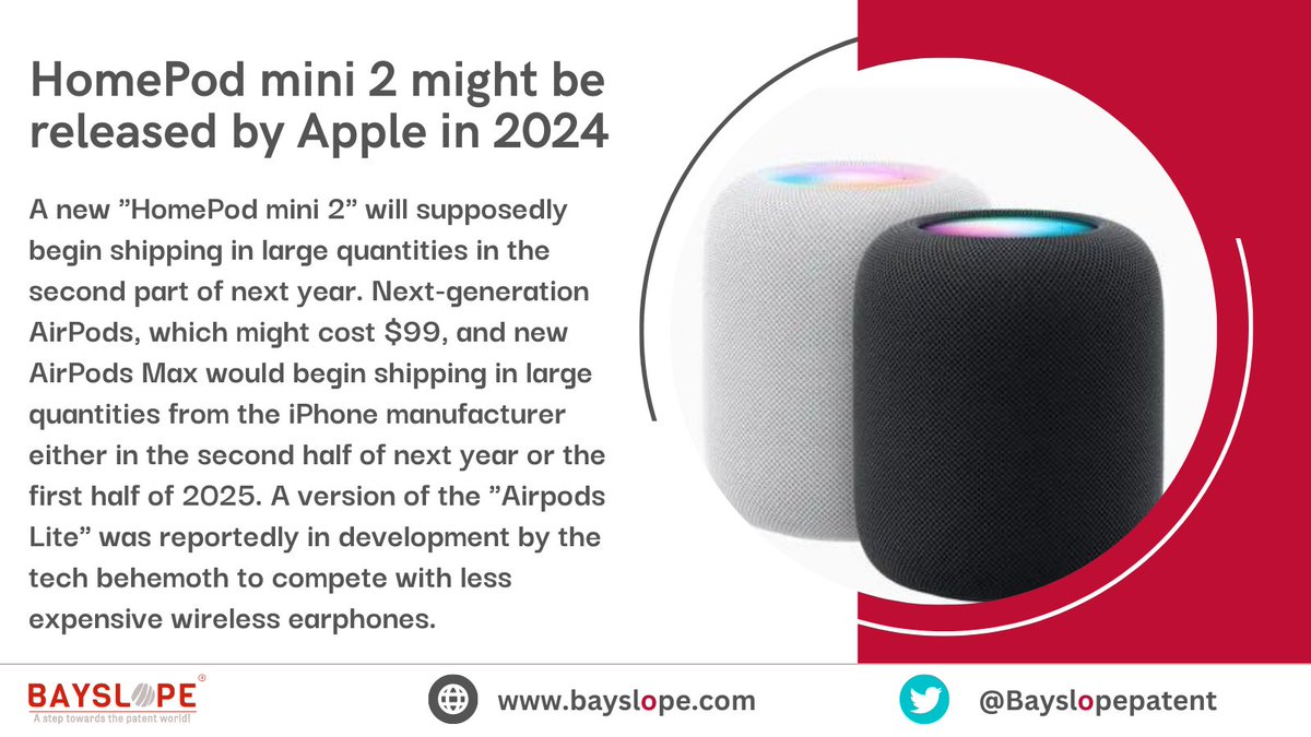 Bayslopepatent's tweet image. Tech giant #Apple hints to #launch &apos;#HomePodmini2&apos; in 2024.

#Applenews #Technoloy #technologie #technologies #techtwitter #techtrends #technologynews #techno  #technews #innovation #development #LatestNews #latestupdate #UPDATE