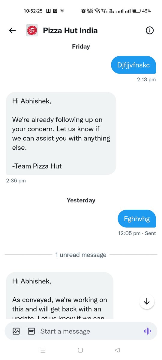 abhisavalia's tweet photo. @PizzaHutIN Worst dine in service and pathetic customer care. No respect for customers at all. Issue raised through DM, pending since 3 months. Not even reading contents of tweet, can see how they are responding to even junk msgs, bots are handling @PizzaHutIN.
@dominos_india are way better. https://t.co/iJS3uSA9Lf