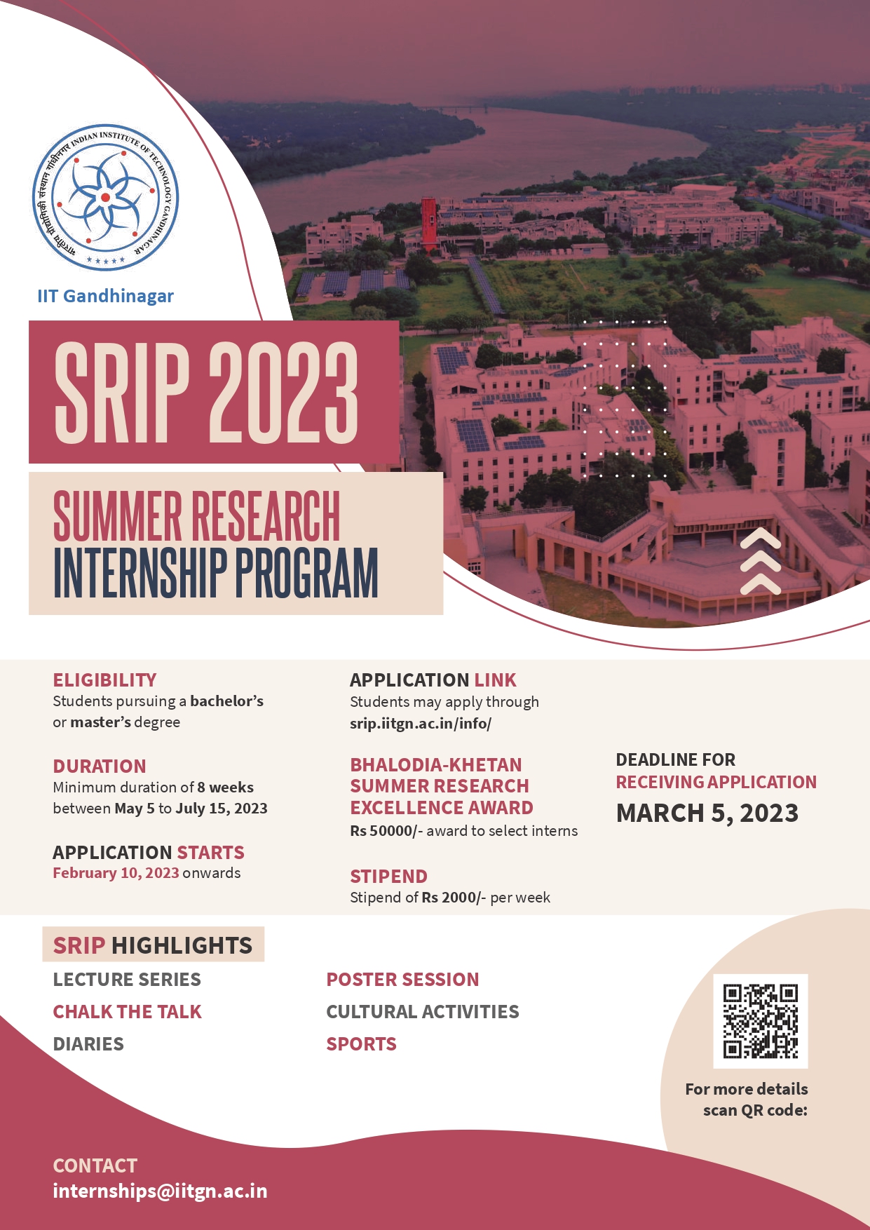 IIT Gandhinagar on X: We are back with the much-awaited @iitgn's flagship  'Summer Research Internship Program' (SRIP) that provides a unique platform  for students to work on cutting-edge research problems under the