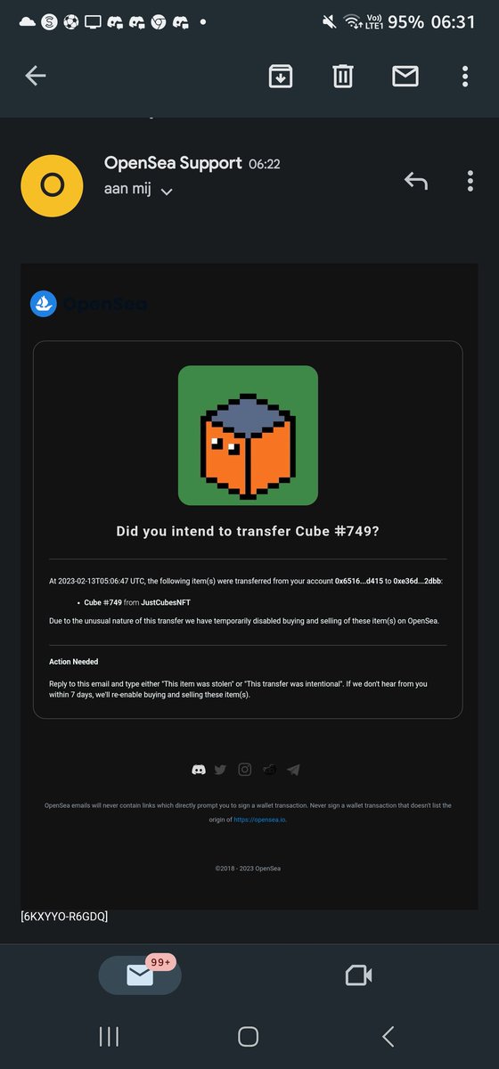 WuccnB's tweet photo. @RubberDuckBP @RevokeCash You might get lucky and receive a mail from OpenSea, asking if the transfer was meant to happen and mentioning they blocked transferring the item for the next 7 days, if u respond with 'This item was stolen', they will most likely get it back for you. https://t.co/trFi47j64r