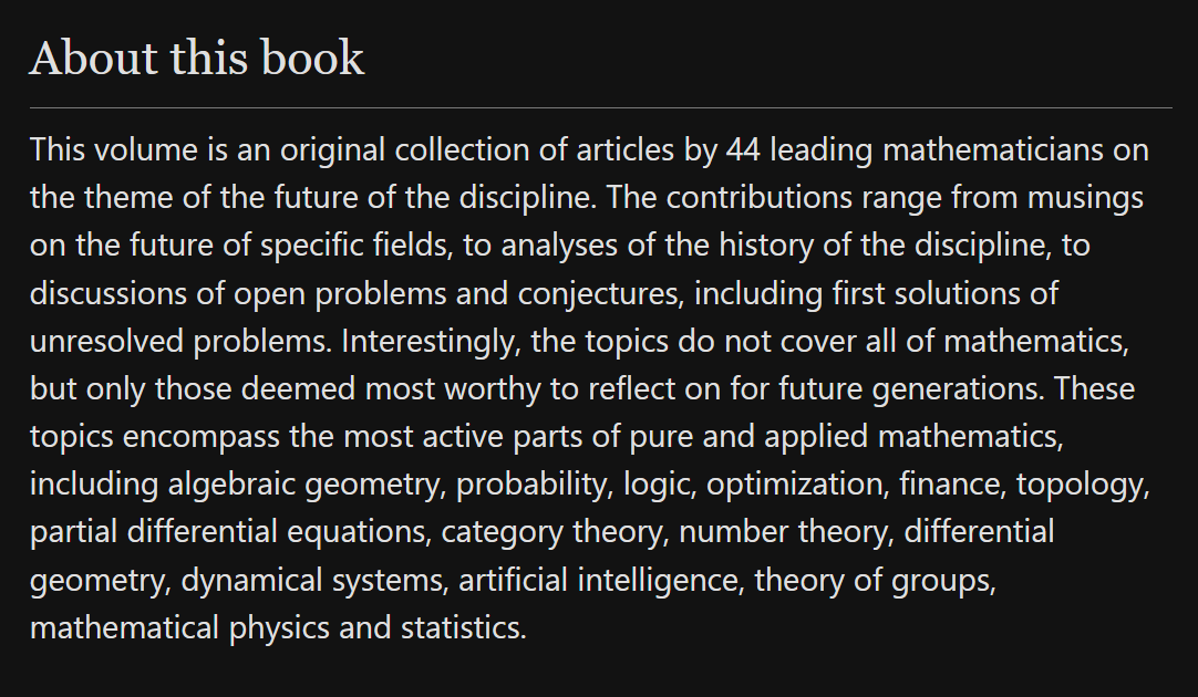 academath's tweet photo. Forthcoming @SpringerMath book:

Mathematics Going Forward: 

Collected Mathematical Brushstrokes 

https://t.co/yUh9waPI0N

#mathshistory #research #openproblems #numbertheory #AI #NeuralNetworks #MachineLearning #statistics #topology #finance #physics #GroupTheory #optimization https://t.co/lKwoTrBCmR