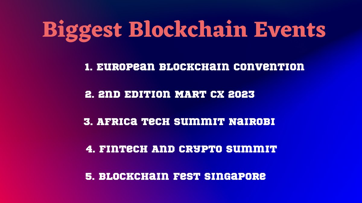 Don't miss the opportunity to attend the biggest blockchain events and conferences in February🗓️

1. European Blockchain Convention 

2. 2nd Edition MART CX 2023 

3. Africa Tech Summit Nairobi 

 4. Fintech And Crypto Summit

 5. Blockchain Fest Singapore