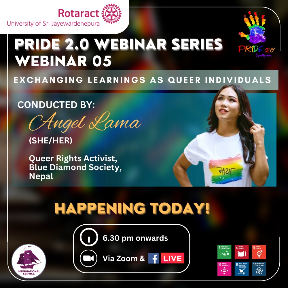 rotaractusjp's tweet photo. HAPPENING TODAY π₯
PRIDE 2.0 - Fifth Webinar
Guest Speaker: Angel Lama
Topic: Exchanging Learning As Queer Individuals
π‘: 6.30 PM onwards
π: Via Zoom & FB Live
#PRIDE2_0 #RACUSJ #Rotaract #Rotaract3220 #ImagineRotary #LearnServeandStrive https://t.co/31kWWdGPx1