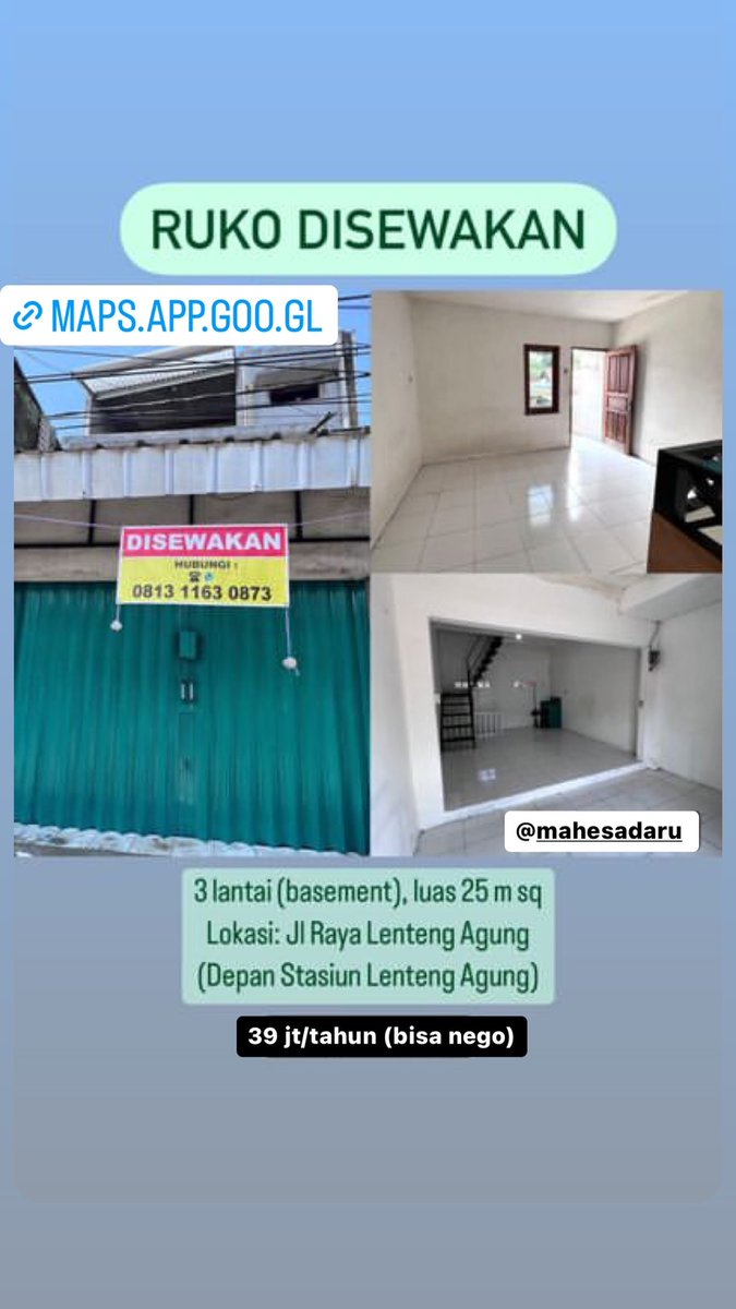 mahesadaru's tweet photo. Disewakan Ruko di Jl Raya Lenteng Agung (depan stasiun Lenteng Agung) maps:
https://t.co/6hEJkR5cwF https://t.co/ex72naQPqK