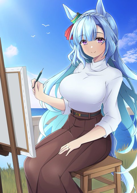 「blue hair white sweater」 illustration images(Latest)｜4pages