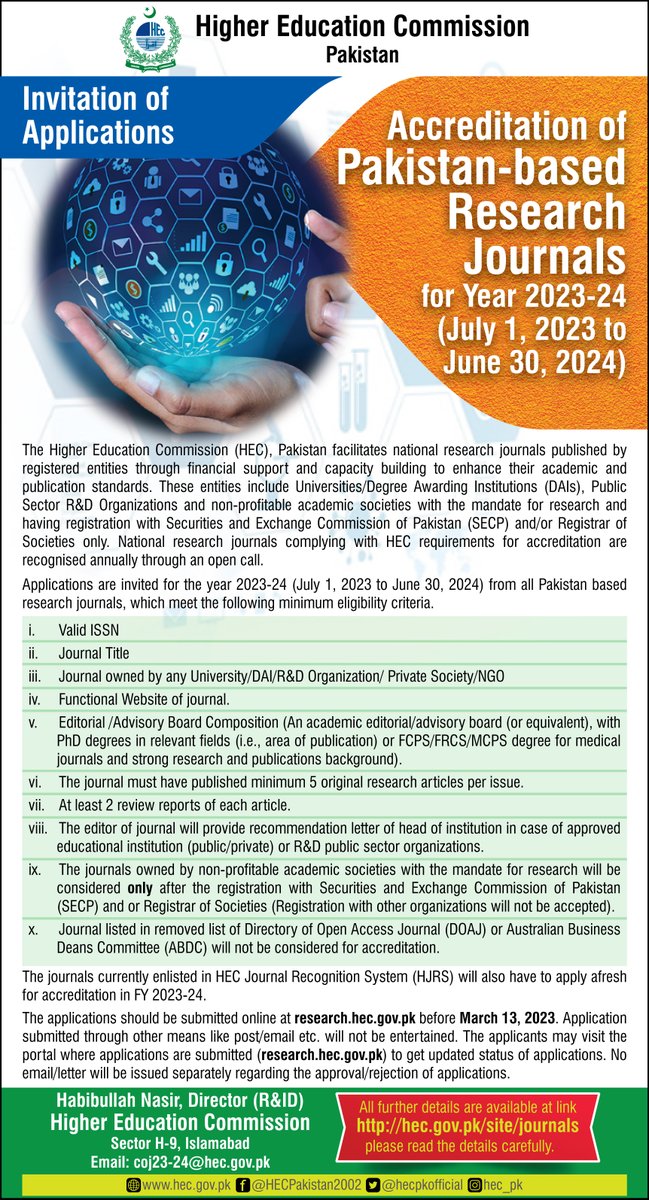 𝘐𝘯𝘷𝘪𝘵𝘢𝘵𝘪𝘰𝘯 𝘰𝘧 𝘈𝘱𝘱𝘭𝘪𝘤𝘢𝘵𝘪𝘰𝘯𝘴 

𝗔𝗰𝗰𝗿𝗲𝗱𝗶𝘁𝗮𝘁𝗶𝗼𝗻 𝗼𝗳 𝗣𝗮𝗸𝗶𝘀𝘁𝗮𝗻 𝗕𝗮𝘀𝗲𝗱 𝗥𝗲𝘀𝗲𝗮𝗿𝗰𝗵 𝗝𝗼𝘂𝗿𝗻𝗮𝗹𝘀 𝗳𝗼𝗿 𝟮𝟬𝟮𝟯-𝟮𝟰

Details @: hec.gov.pk/site/journals 

Deadline for online application is 𝗠𝗮𝗿𝗰𝗵 𝟭𝟯, 𝟮𝟬𝟮𝟯