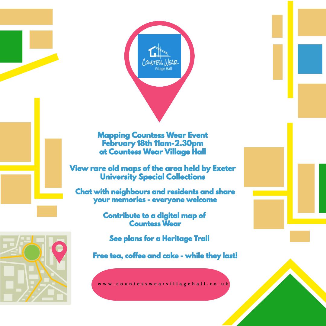 UoEHeritageColl's tweet photo. We are pleased to be participating in this event at Countess Wear Village Hall from 11am to 2:30pm on Sat 18 February!
We will be showing our historic maps of Exeter & inviting contributions to our digital map of Exeter & surrounding area.
#CountessWear #Maps #MappingOurExeter https://t.co/Smovd6r3t3