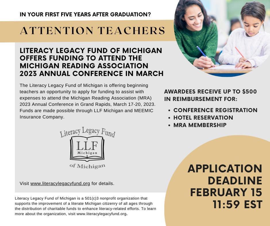 🗣️Are you a beginning teacher?

🗣️Are you joining us for the MRA 67th Annual Conference in March? 

🗣️Would you like assistance paying conference expenses?

APPLICATION DEADLINE FEBRUARY 15 11:59 EST
literacylegacyfund.org for details