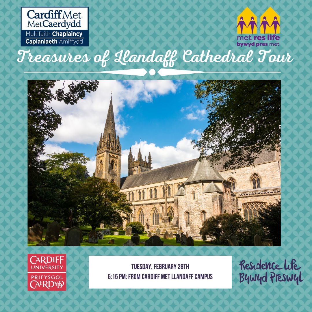 Come along for an evening of history and discover the treasures of @LlandaffCath! Meet some new friends and enjoy hot chocolate and biscuits after the tour. To book your place eventbrite.co.uk/e/treasures-of… This event is in partnership with @MetResLife & Cardiff Uni Res Life.