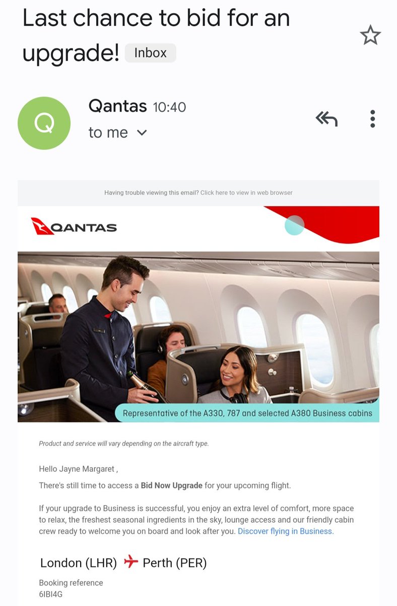 Dear <a href="/Qantas/">Qantas</a> 
I wonder if I can ask for your help please? I'm travelling from London to Perth on Friday to speak at #WorldPride but there's no way, as a #LGBT rights campaigner, I can afford to bid $3000 for an upgrade! I've very bad knee &amp; could really do with some help pls, thx