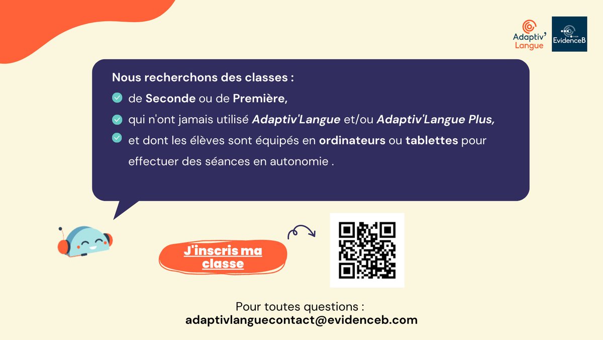 Professeurs de Lettres ? Contribuez à l'avancée de la recherche sur la motivation dans les applications pédagogiques en testant avec vos élèves des modules de français. 
👉Pour vous inscrire, c'est ici :  evidenceb.typeform.com/etude-2023