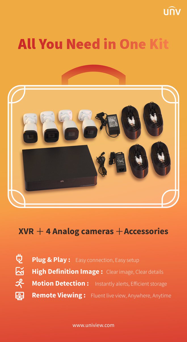 UniviewTech's tweet photo. Are you still struggling to find the Right Analog Camera to ensure your business security? Get all you need in one kit from Uniview: XVR + 4 Analog Cameras (Bullet analog cameras or Turret analog cameras) + Accessories! #Analogcamera #Uniview #Analogkit #XVR https://t.co/mMwnPLenJt