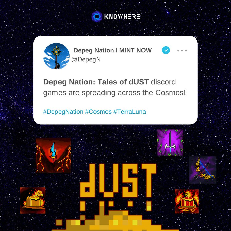 Knowhere ๐พ Terra NFT Marketplace ๐ (@knowhere_art) on Twitter photo ๐จLast Call to Mint Tales of $dUST ๐ฐ๏ธ
Join <a href="/DepegN/">Depeg Nation | MINT NOW</a> to play integrated #discordgames designed for the #Cosmos๐ฎ๐ชถ
๐น๏ธMINT bit.ly/3TnRqu8 ๐
whitepaper.depeg.io๐
#Terra #TerraNFTs #IBCgang #LUNAtics๐ ๐จLast Call to Mint Tales of $dUST ๐ฐ๏ธ
Join <a href="/DepegN/">Depeg Nation | MINT NOW</a> to play integrated #discordgames designed for the #Cosmos๐ฎ๐ชถ
๐น๏ธMINT bit.ly/3TnRqu8 ๐
whitepaper.depeg.io๐
#Terra #TerraNFTs #IBCgang #LUNAtics๐