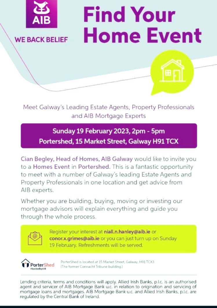 keithmctigue's tweet photo. Really looking forward to AIB Galway’s first Find Your Home event of 2023 on Sunday February 19th.

Speak to Galway’s leading Estates Agents, property professionals and other industry experts.

Our team of Mortgage Advisors will also be on hand to chat you through all the steps. https://t.co/LoXPriUD5j
