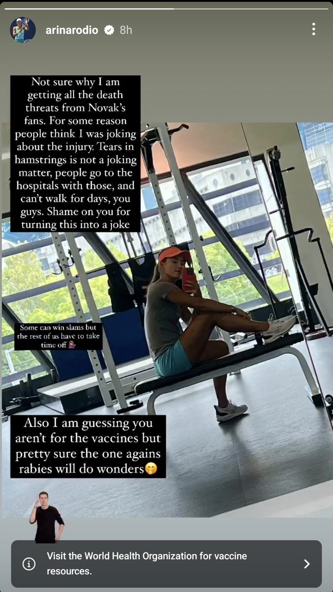 KaushikRam25's tweet photo. Djokovic fans have sent death threats to Arina Rodionova all because she posted an Instagram story suggesting that "she'll be fine tomorrow" despite a 3cm tear in her hamstring. 

Shame on Djokovic fans. But again, it isn't surprising that they have resorted to death threats. https://t.co/oddx2q4zxM